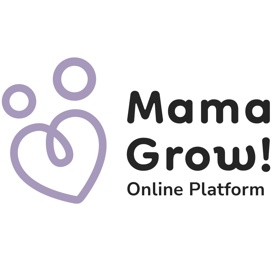 Lila Logo von MamaGrow - Online Plattform mit schwarzem Schriftzug